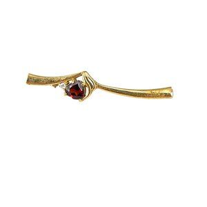 Vintage Gold Tone Bar Brooch With Red Rhinestone Accent Valentines Day Gift